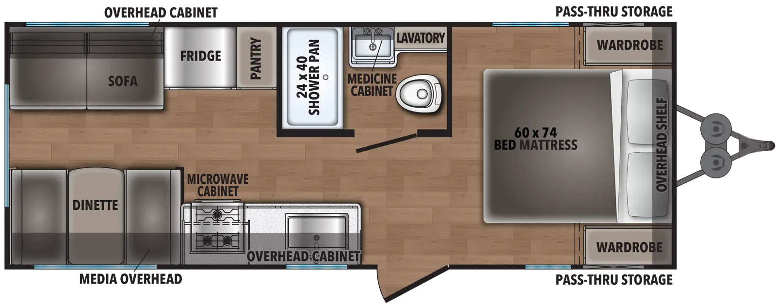 The 521CK has no slide outs and one entry door on the door side. Interior layout from front to back: bedroom with side-facing queen bed; bathroom; kitchen living dining area; kitchen with double basin sink, cook top stove, microwave cabinet, refrigerator, and overhead cabinet; sofa with overhead cabinet; and dinette with media overhead.